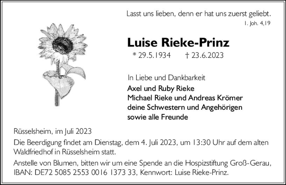  Traueranzeige für Luise Rieke-Prinz vom 01.07.2023 aus Rüsselsheimer Echo