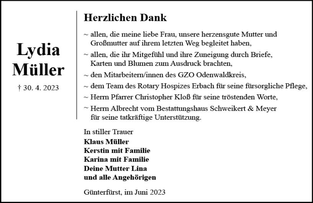  Traueranzeige für Lydia Müller vom 03.06.2023 aus Odenwälder Echo