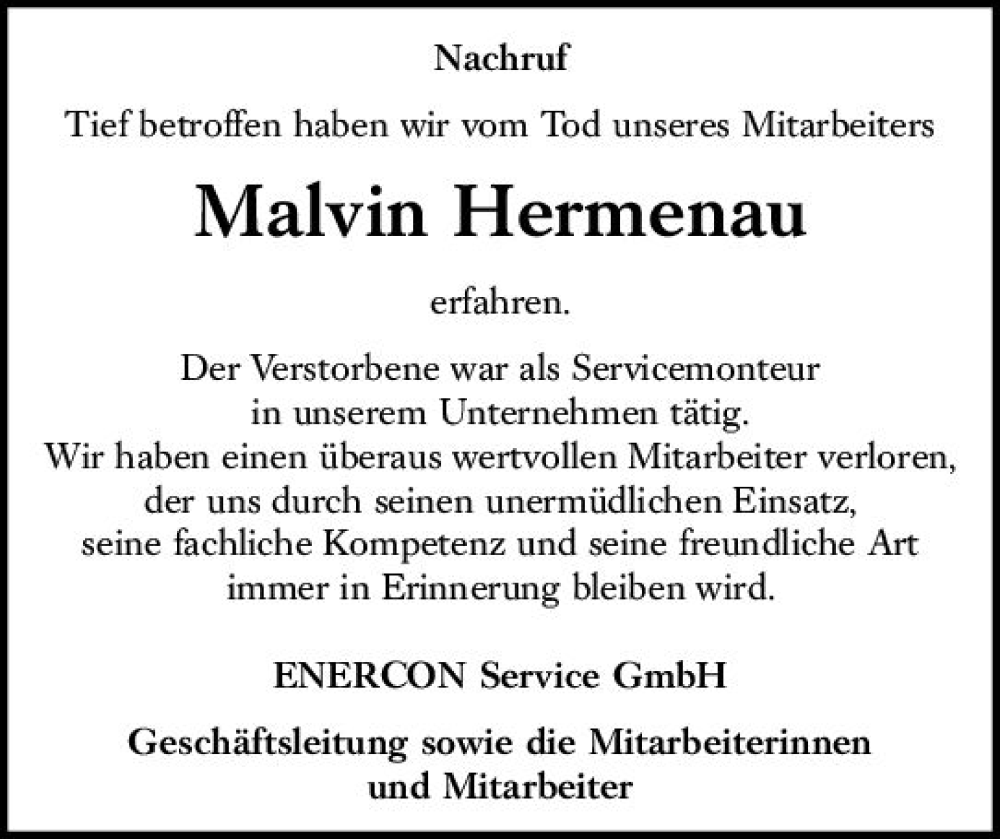  Traueranzeige für Malvin Hermenau vom 22.06.2023 aus VRM Trauer