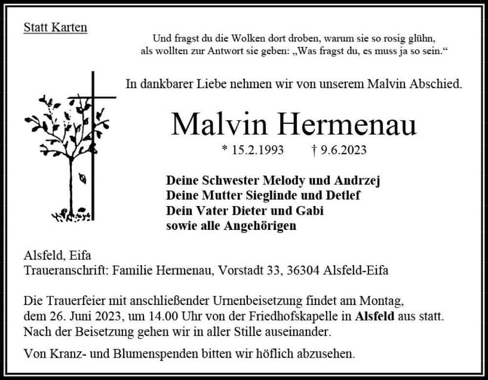  Traueranzeige für Malvin Hermenau vom 22.06.2023 aus VRM Trauer
