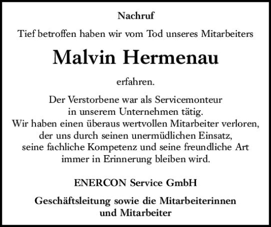 Traueranzeige von Malvin Hermenau von VRM Trauer