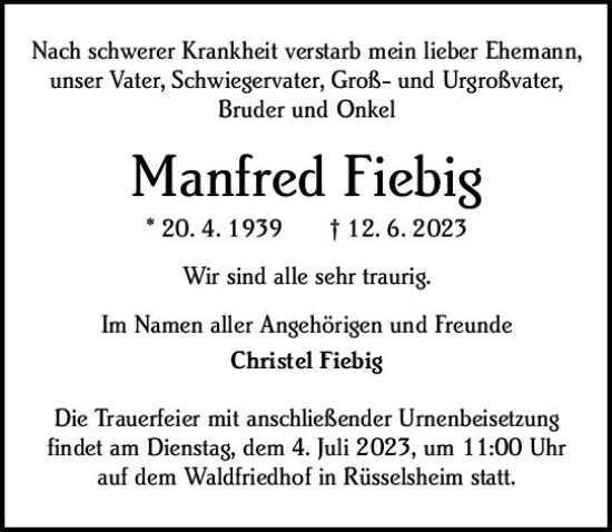 Traueranzeige von Manfred Fiebig von Rüsselsheimer Echo