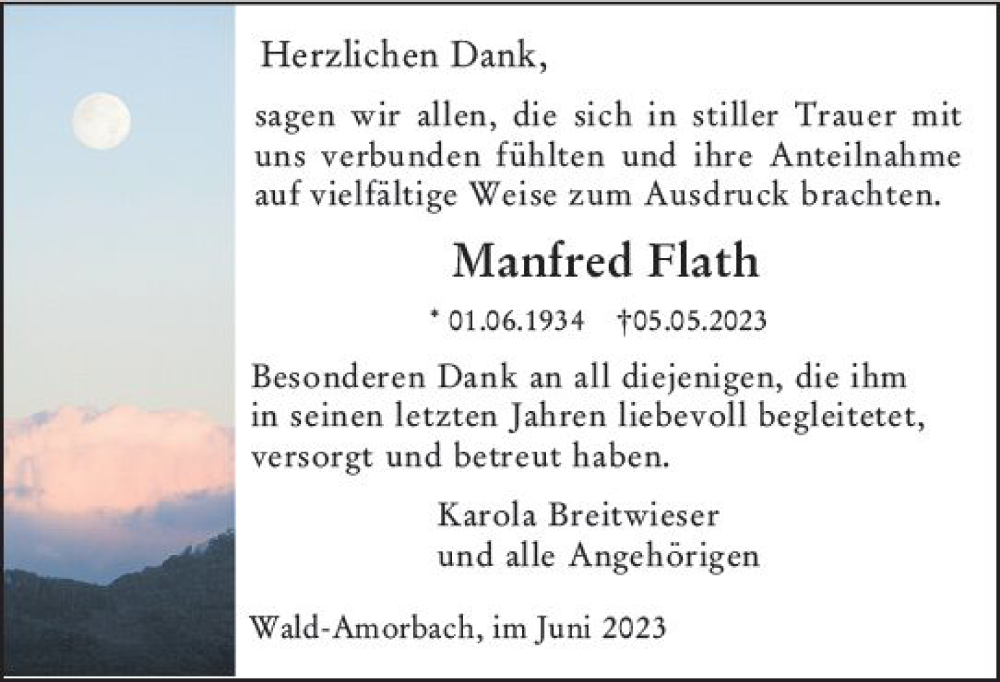  Traueranzeige für Manfred Flath vom 10.06.2023 aus Odenwälder Echo