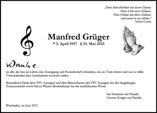 Traueranzeige von Manfred Grüger von Wiesbadener Kurier