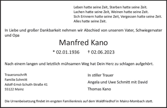 Traueranzeige von Manfred Kano von Allgemeine Zeitung Mainz