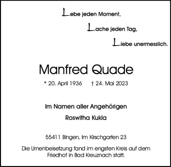 Traueranzeige von Manfred Quade von Allgemeine Zeitung Bingen/Ingelheim