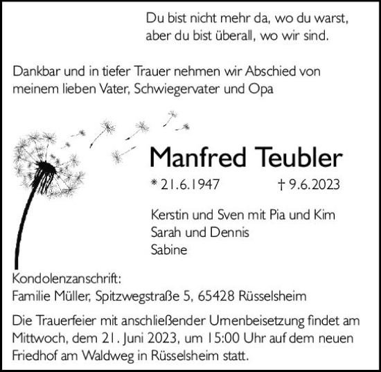 Traueranzeige von Manfred Teubler von Rüsselsheimer Echo