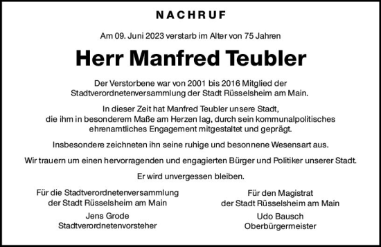 Traueranzeige von Manfred Teubler von Rüsselsheimer Echo