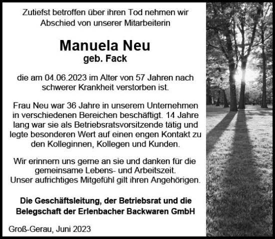 Traueranzeige von Manuela Neu von Rüsselsheimer Echo