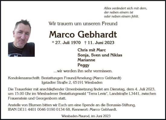 Traueranzeige von Marco Gebhardt von Wiesbadener Kurier