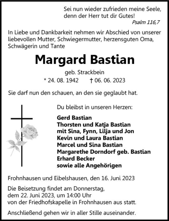 Traueranzeige von Margard Bastian von Dill Block