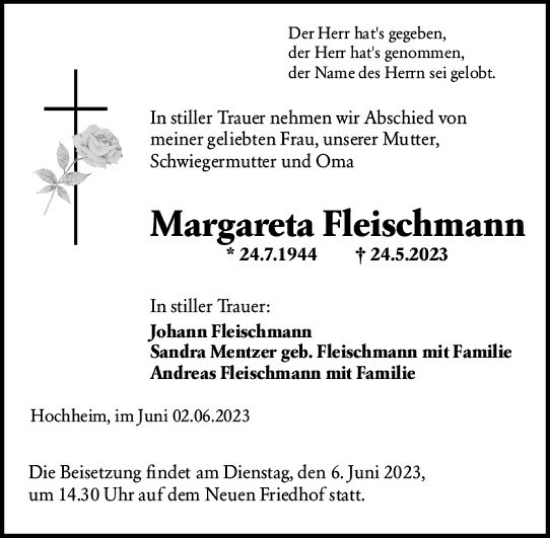 Traueranzeige von Margareta Fleischmann von Hochheimer Zeitung