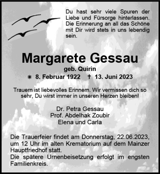 Traueranzeige von Margarete Gessau von Allgemeine Zeitung Mainz