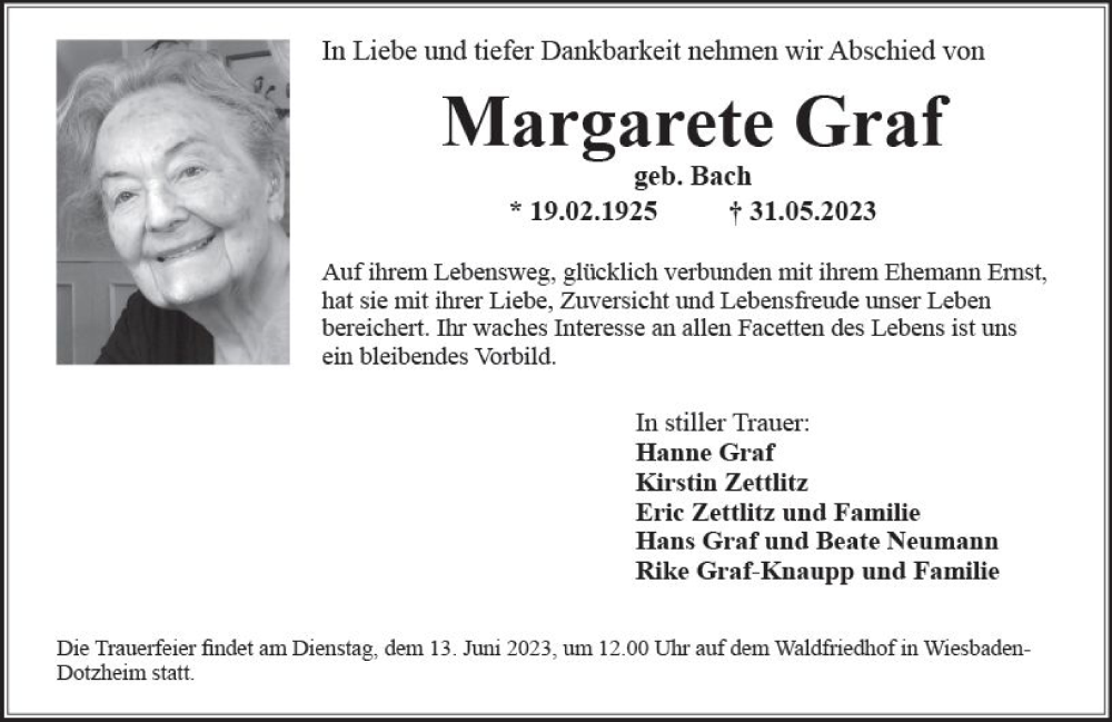  Traueranzeige für Margarete Graf vom 10.06.2023 aus Wiesbadener Kurier