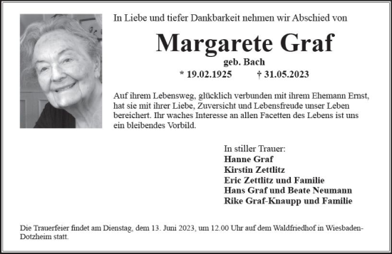 Traueranzeige von Margarete Graf von Wiesbadener Kurier