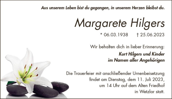 Traueranzeige von Margarete Hilgers von Wetzlarer Neue Zeitung