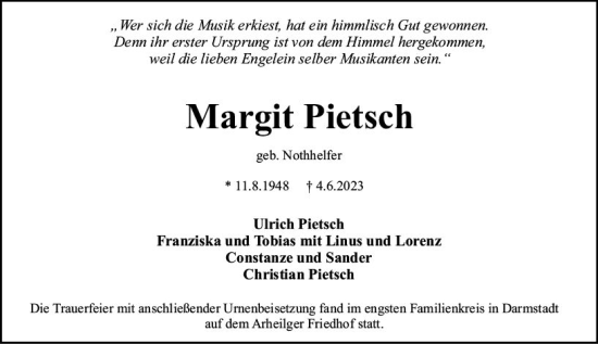 Traueranzeige von Margit Pietsch von Darmstädter Echo