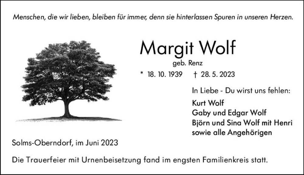  Traueranzeige für Margit Wolf vom 17.06.2023 aus Wetzlarer Neue Zeitung