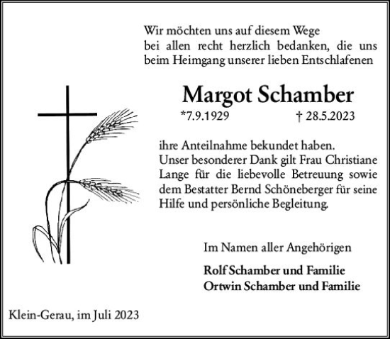 Traueranzeige von Margot Schamber von Groß-Gerauer Echo