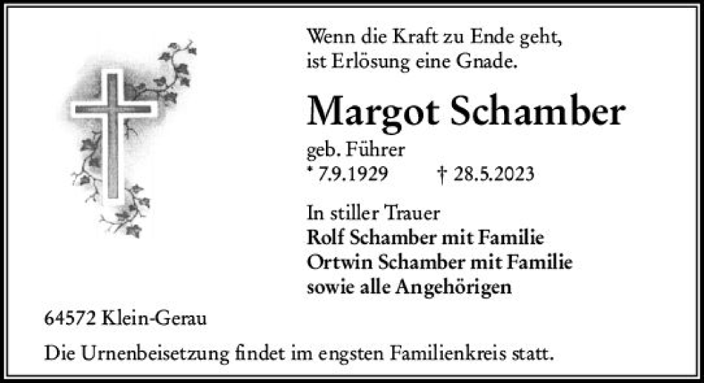  Traueranzeige für Margot Schamber vom 03.06.2023 aus Groß-Gerauer Echo