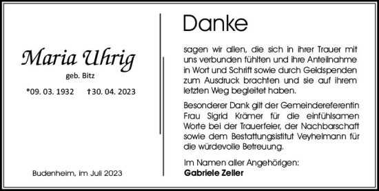 Traueranzeige von Maria Uhrig von Allgemeine Zeitung Mainz