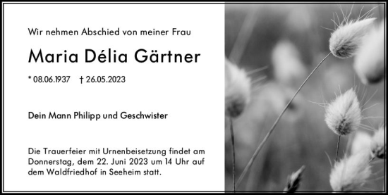 Traueranzeige von Maria Délia Gärtner von Darmstädter Echo