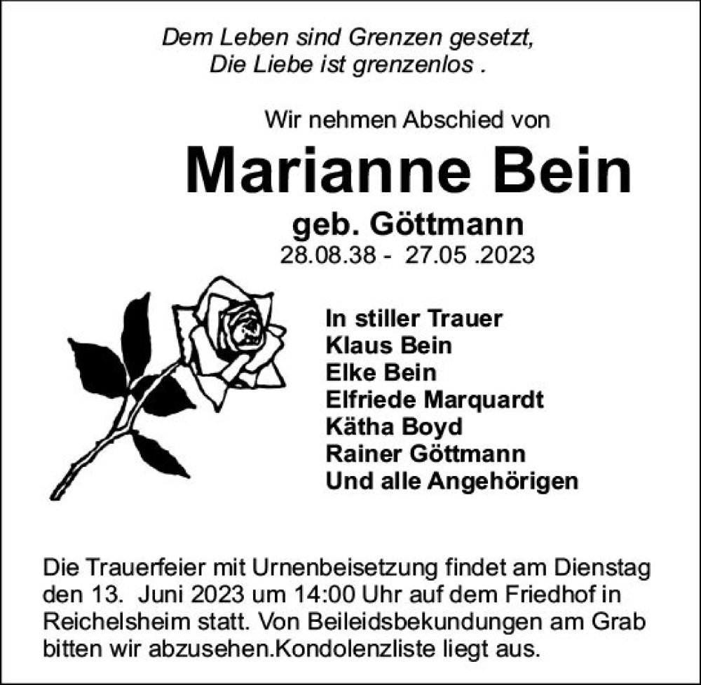  Traueranzeige für Marianne Bein vom 10.06.2023 aus Odenwälder Echo