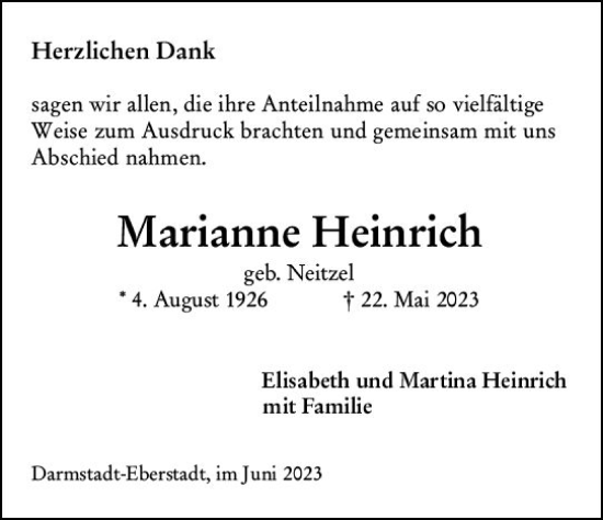 Traueranzeige von Marianne Heinrich von Darmstädter Echo