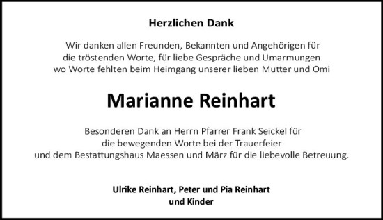 Traueranzeige von Marianne Reinhart von Allgemeine Zeitung Bingen/Ingelheim