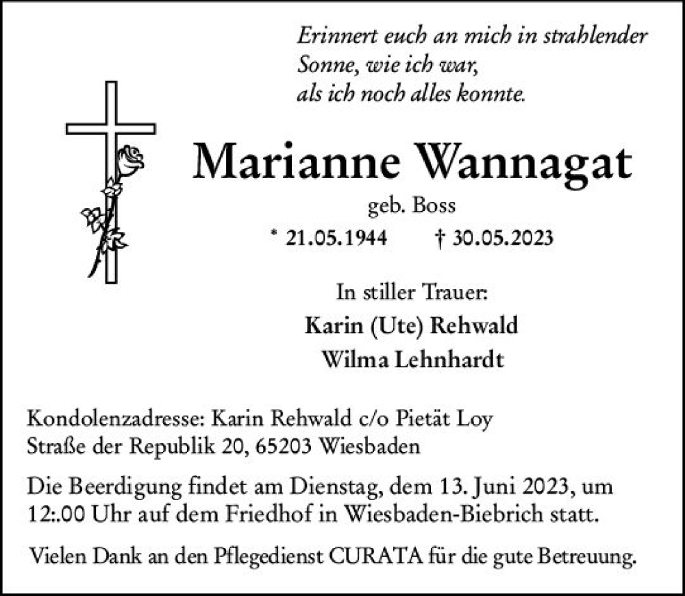  Traueranzeige für Marianne Wannagat vom 10.06.2023 aus Wiesbadener Kurier