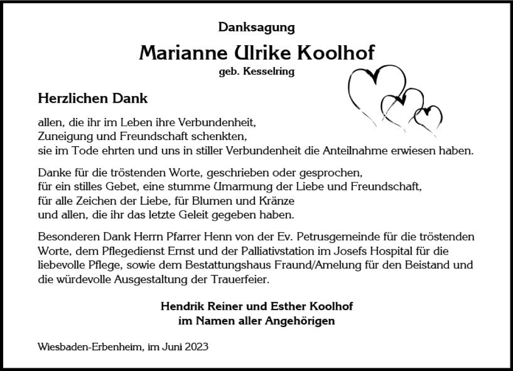  Traueranzeige für Marianne Ulrike Koolhof vom 01.07.2023 aus Wiesbadener Kurier