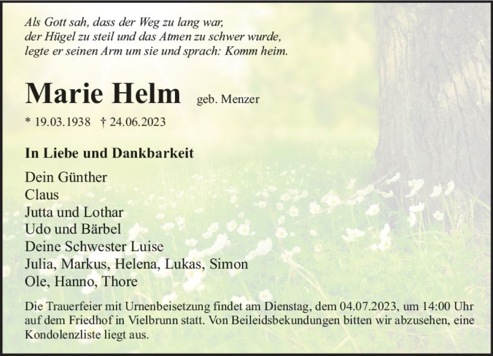  Traueranzeige für Marie Helm vom 01.07.2023 aus Odenwälder Echo