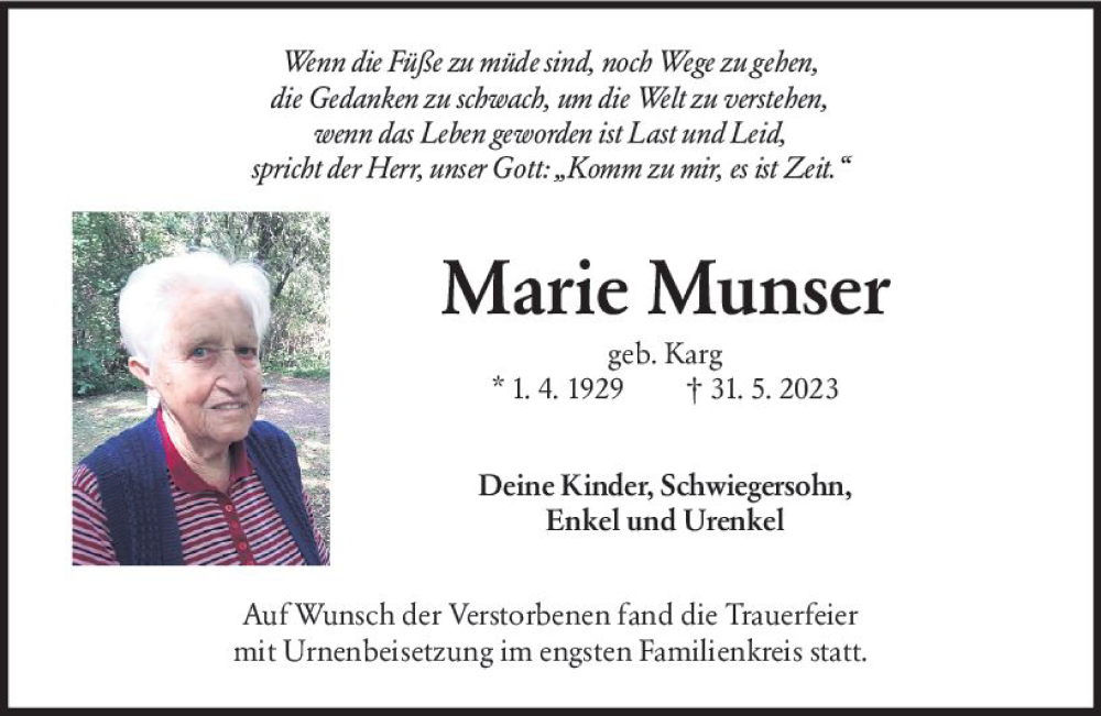  Traueranzeige für Marie Munser vom 17.06.2023 aus Groß-Gerauer Echo