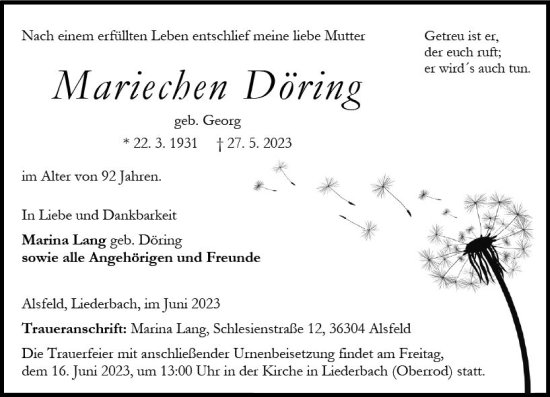 Traueranzeige von Mariechen Döring von Oberhessen Kurier