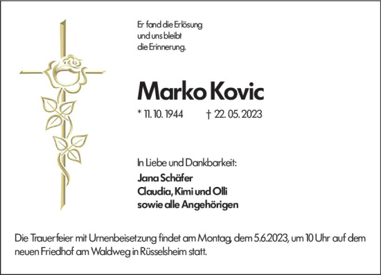 Traueranzeige von Marko Kovic von Rüsselsheimer Echo