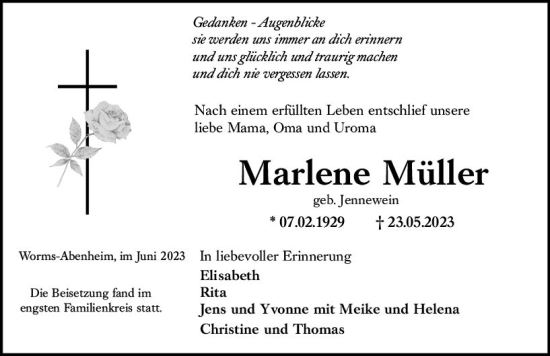 Traueranzeige von Marlene Müller von Wormser Zeitung
