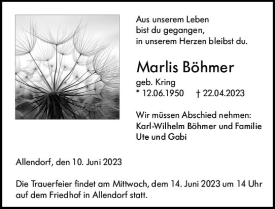 Traueranzeige von Marlis Böhmer von Dill Block