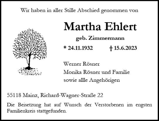 Traueranzeige von Martha Ehlert von Allgemeine Zeitung Mainz