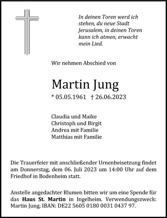 Traueranzeige von Martin Jung von Allgemeine Zeitung Mainz