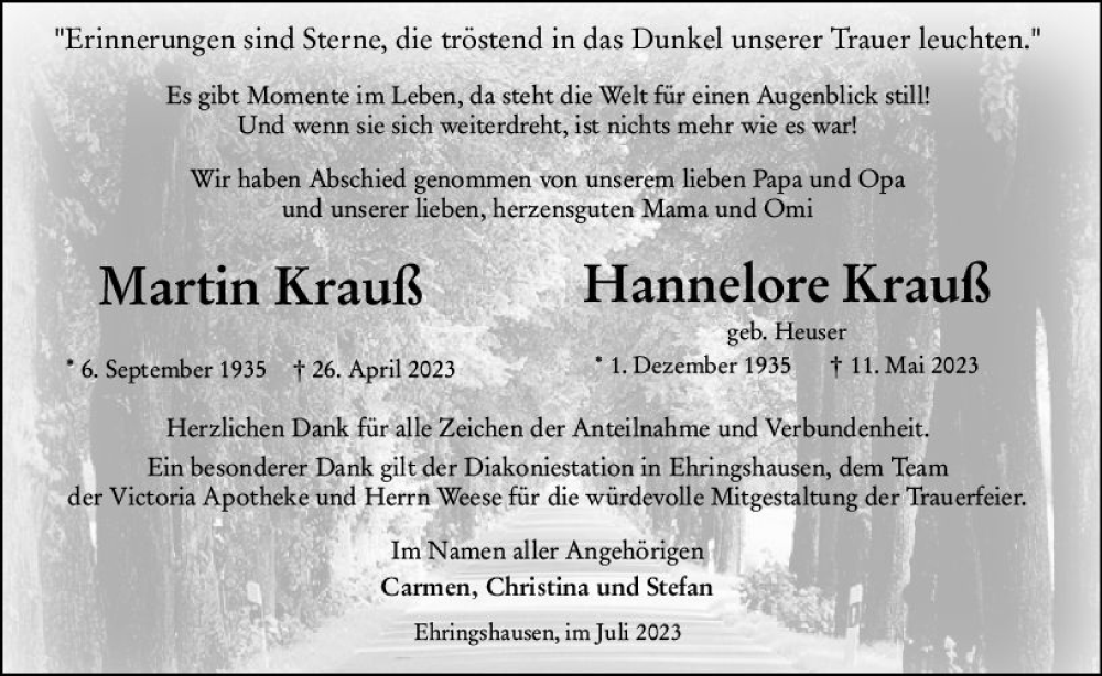  Traueranzeige für Martin Krauß vom 01.07.2023 aus Wetzlarer Neue Zeitung