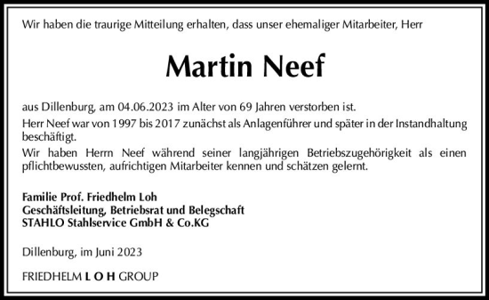 Traueranzeige von Martin Neef von Dill Block