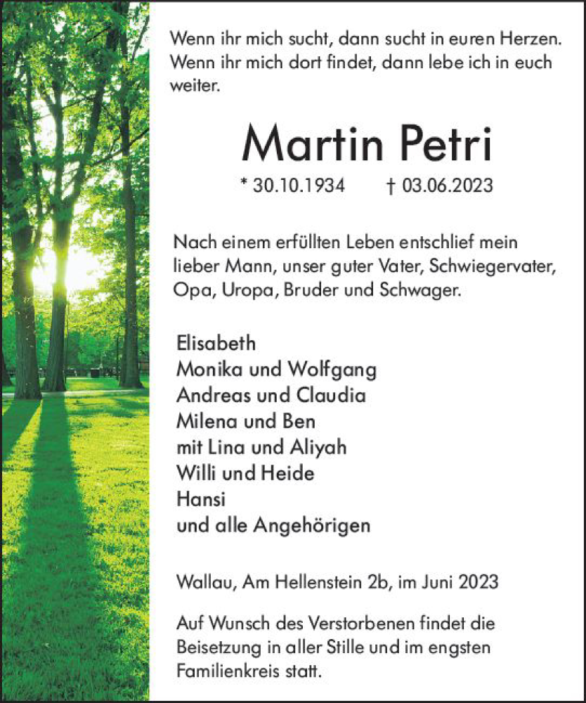  Traueranzeige für Martin Petri vom 06.06.2023 aus Hinterländer Anzeiger