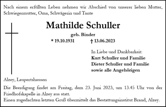 Traueranzeige von Mathilde Schuller von Allgemeine Zeitung Alzey