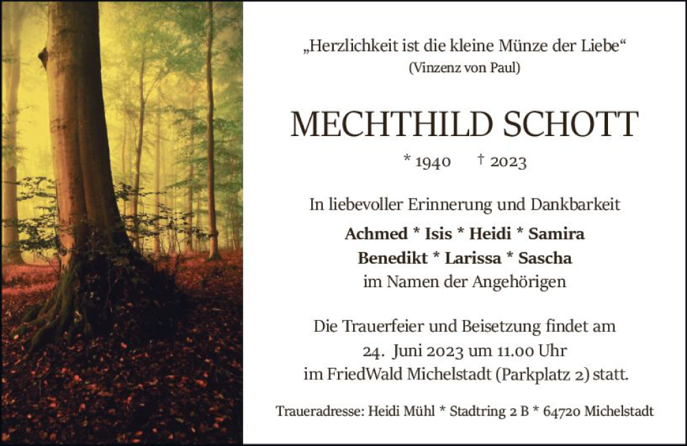  Traueranzeige für Mechthild Schott vom 10.06.2023 aus Odenwälder Echo