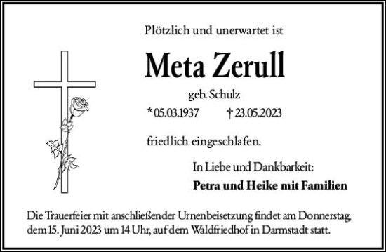 Traueranzeige von Meta Zerull von Darmstädter Echo