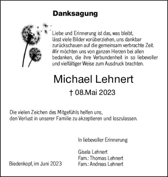 Traueranzeige von Michael Lehnert von Hinterländer Anzeiger