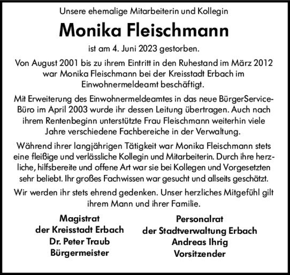  Traueranzeige für Monika Fleischmann vom 10.06.2023 aus Odenwälder Echo