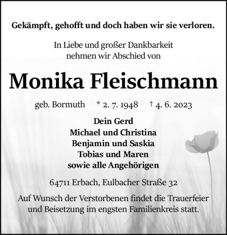 Traueranzeige für Monika Fleischmann vom 10.06.2023 aus Odenwälder Echo