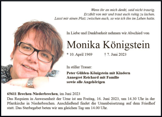 Traueranzeige von Monika Königstein von Nassauische Neue Presse