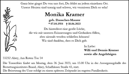 Traueranzeige von Monika Kramer von Allgemeine Zeitung Alzey